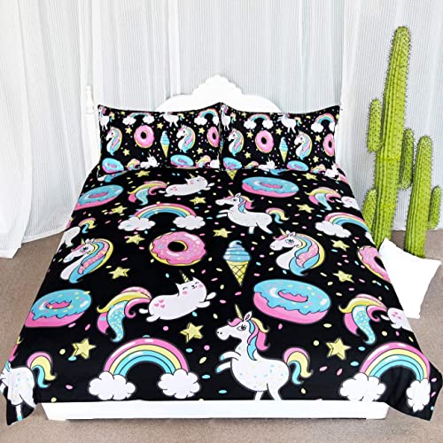 ARIGHTEX Chubby Unicorn Bedding Kids Girls Cute Unicorn in Rainbow Sprinkles Donut Pattern Duvet Cover 3 Piece College Dorm Sweet Bed Sets (Queen)