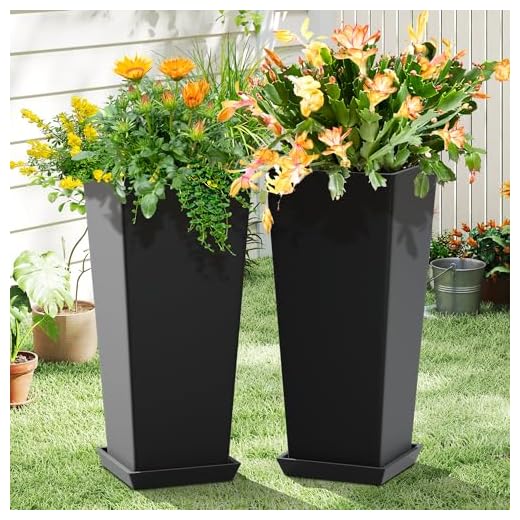 FENCY Set of 2 Tall Planters for Outdoor Plants, 24 Inch Large Tapered Pots with Drainage Trays, Weather-Resistant Plastic Plant Containers for Patio, Porch, Garden, Front Door Decor,Black