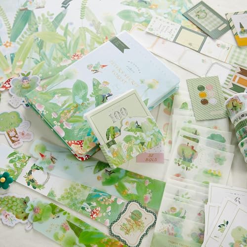 Image of VIBEVISTA Vintage Aesthetic Scrapbook Kit, 346 Pcs, A6 Grid Notebook, Washi , Envelopes, Scrapbook Papers, Folding Labels, Background Papers, Photo Frames, Calendar Stickers, Stickers (Peters Secret Forest)