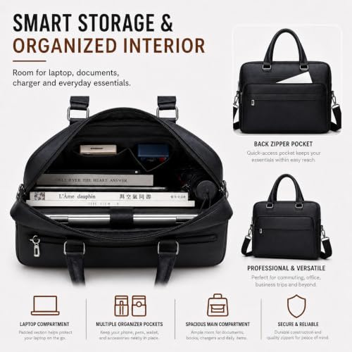 Image of Men's Leather Laptop Bag 15 IN, Water-Resistant Briefcase Messenger Bag for Work, Business, Shoulder Crossbody Office Satchel