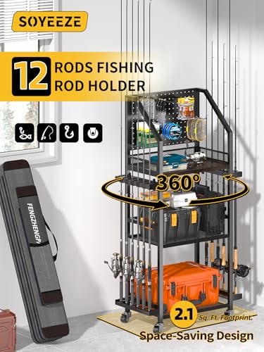 Image of SOYEEZE Fishing Rod Holders for Garage, Fishing Pole Holders Up to 12 Rods with Pegboard and Hooks,Rolling Fishing Cart with Wheels, Fishing Gear Storage For Tackle Box & Reel Organization-6 Hooks