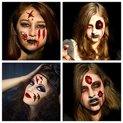24 Sheets Horror Halloween Temporary Tattoo Realistic Fake Bloody Wound Stitch Scar Scab Waterproof Sticker Masquerade Prank Makeup Props