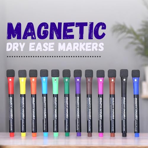 Image of Sakuya 12 Colors Magnetic Whiteboard Markers with Eraser Cap | Fine Point Tip for Kids & Teachers, Home, Office & School Supplies|Low Odor Magnetic Dry Erase Markers