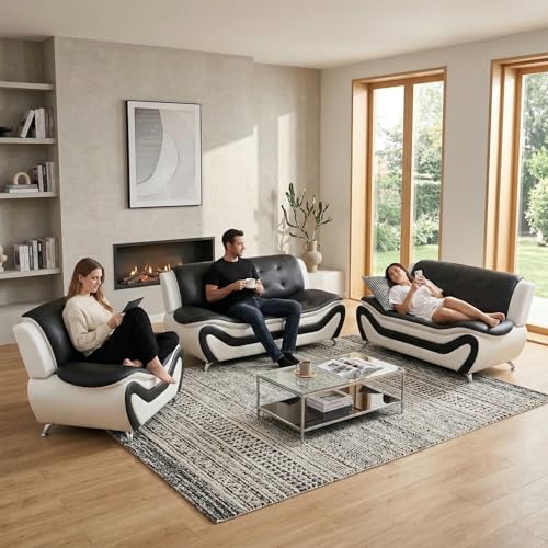 Image of Faux Leather Sofa Set, 3 Piece Living Room Furniture Set - Modern Couch Set with Loveseat & Chair, Small Space Sofa Set for Apartment, Office or Reception Room, Black & White