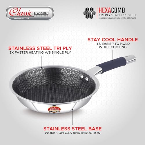 Image of Classic Steels Hexa Comb Triply Frypan Without Lid - 1 LTR (20cm) | Stainless Steel Non-Stick Fry Pan | Induction & Gas Compatible | 2.5mm Thickness | Durable Stay Cool Silicon Handle