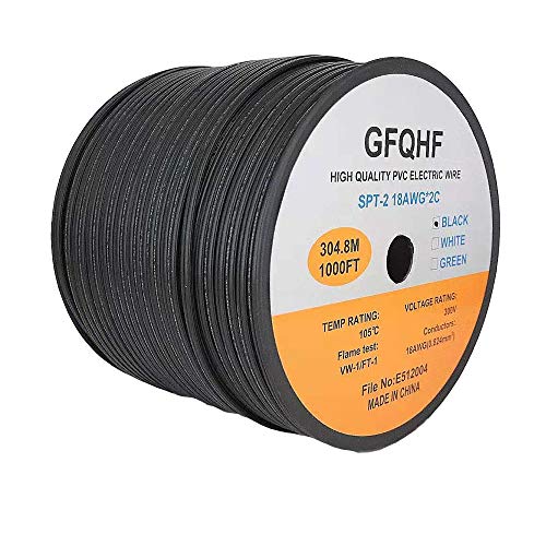 Get Special Price GFQHF UL Listed 1000FT SPT-2 Electrical Wire,18/2 Zip Cord Wire,Work with SPT-2 Vampire Plug (1000, SPT-2 Black)