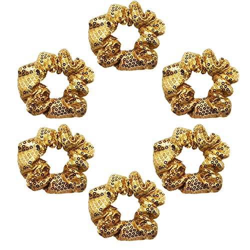 6 Pack Sparkly Sequin Cheer Team Scruncci Slap Bracelet Sleepover Party Hair Scrunchies Ponytail Holder Elastic Hair Bands Scrunchy Hair Ties Hair Accessories For/Show/School Performance (Gold) #TOP8