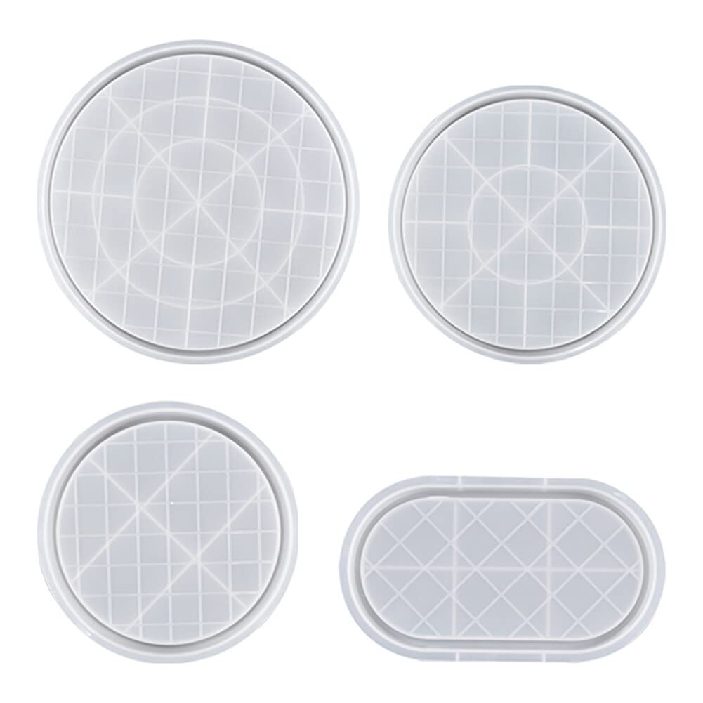 URFEDA 4pcs Moule Résine Époxy Ovales Circulaires, Plateaux de Stockage Moules en Silicone, Damier Grille Motif Palettes Moule Résine,Moule Dessous de Verre Resine Epoxy, Décoration de Maison