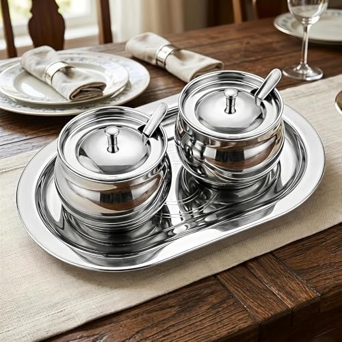 Image of AQUANERO+ Stainless Steel Ghee Pot Set of 2 with Tray and Spoon, for Storing and Serving Ghee, Oil, Chutney, Pickles, and Spices Food Grade Quality