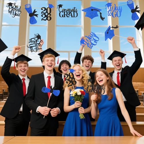 Image of Graduation Decorations 2026, 24 PCS Black and Blue Graduation Centerpieces for Tables, Class of 2026 Double-Sided Glitter Table Decorations
