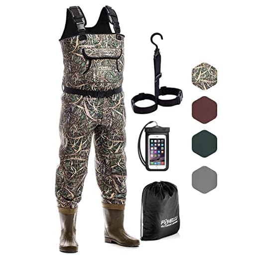 Foxelli Neoprene Chest Waders – Camo Fishing Waders for Men with Boots - Use for Duck Hunting, Fly Fishing, Emergency Flooding – 100% Waterproof, Carrying Bag Included