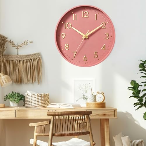 Image of Mosewa Wall Clock 10 Inch, Battery Operated Silent Non-Ticking Modern Analog Clock Decorative for Kitchen, Bedroom, Office, Living Room(Pink Gold)