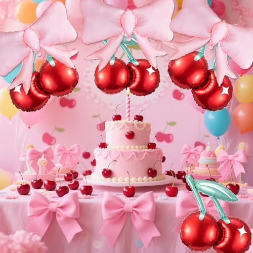 Image of Cherry and Pink Bow Balloons She is the Cherry On Top Party Decorations Cute Cherry Foil Balloons Red Fruit Mylar Balloons for Cherry Summer Themed Birthday Party Decoration Baby Shower