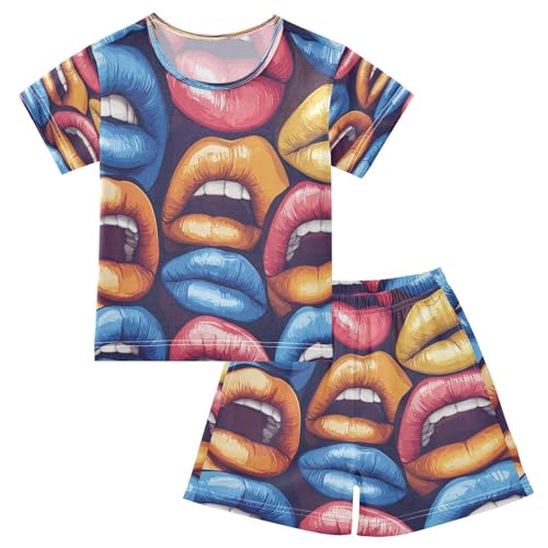 Pajama Sets Short Sleeve Colorful Lips Art Pattern Soft Cotton Summer Sleepwear 2 Piece PJS Size 5-14T