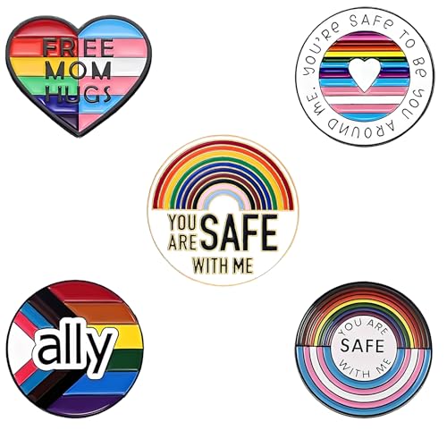 Nylry 5PCS Pride Pins for Women Men LGBTQ Flag Pins Pride Ally Pin Enamel Rainbow Brooch pin You're Safe with Me Can Be Yourself Free Mom Hugs LGBTQ Accessories Stuff Rainbow Jewelry Gifts-Safe