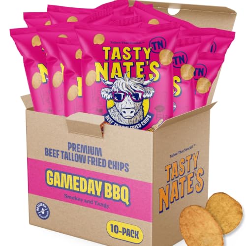 Image of Tasty Nate's Beef Tallow Potato Chips - Game Day BBQ Flavor Kettle Chips Fried in 100% Beef Tallow Seed Oil Free - Gluten Free Healthy Snacks Paleo Friendly 7oz Bag - Pack of 10