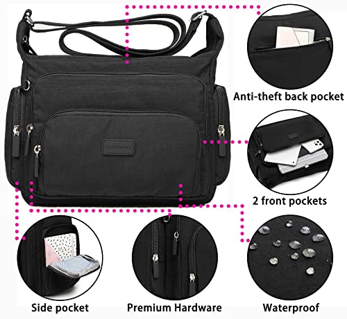 Kaierwoke Crossbody Handbags For Women With Anti Theft Casual Multi Pocket Shoulder Bag Nylon Travel Purse (Small-Black) #TOP4