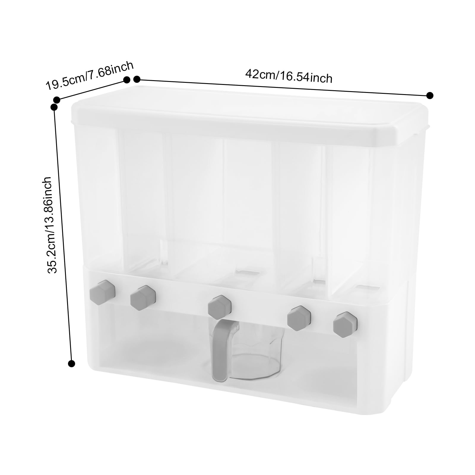 Contenitore per riso a 5 scomparti, dispenser di cereali con misurino e 5 coperchi rimovibili, contenitore per alimenti secchi, portata 15 kg, per riso, pasta, avena, fagioli, cucina, 42 x 19,5 x 35,2