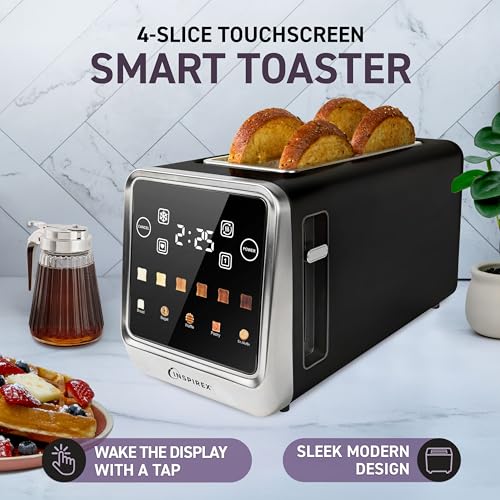 Image of Inspirex Touch Screen Toaster - 4 Slice, 2 Extra Long Slots - 5 Bread Types and 6 Browning Levels - Defrost, Reheat, Favorite, & Single Slot Modes - For Toast, Bagels, & Waffles - Black