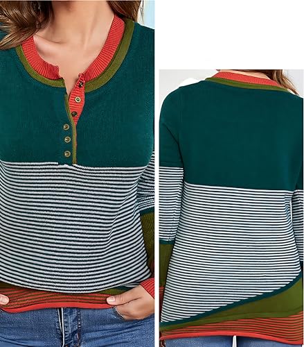 Women's Vintage Striped Color Block Button Knit Sweater Lightweight Casual Cute Long Sleeve Henley Pullover Top3