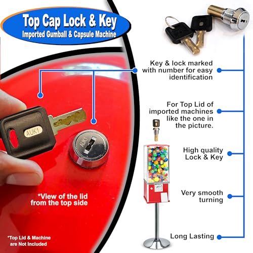 Image of Gumball Machine Lock and Key - Top Lid Lock & Key for Gumball Vending Machine with Metric Thread M6-1.0 mm Center Rod. 2in Capsule Machine & Candy Machines - Replacement Part - (2pc-Flat Key Auk 1)