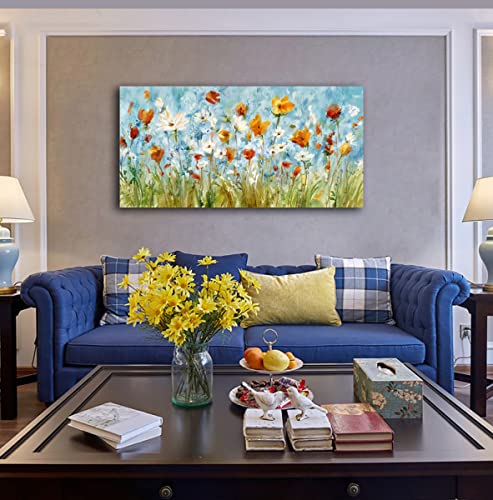 Image of VEAEE Wildflowers Canvas Wall Art Daisy Flowers Canvas Pictures Abstract Orange Red Green Floral Blossom Landscape Painting for Living Room Bedroom Kitchen Dining Room Home Office Decor 20 inchx40 inch