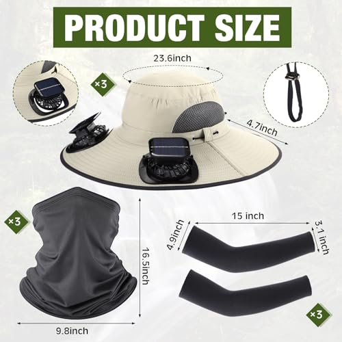 Image of Syhood 2 Set Solar Fan Hats with Neck Gaiters and Arm Sleeves, Wide Brim Fishing Hats for Men Women Outdoor Camping Gardening