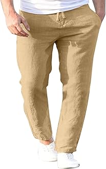 Men's Casual Cotton Linen Pants Straight Fit Drawstring Pant with Side Pockets Elastic Waistband Painting Pants Loose Beach Yoga Trousers