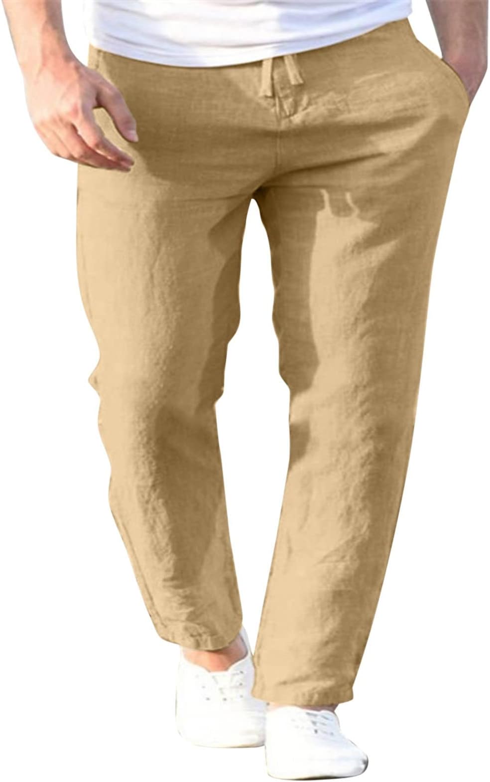 Men's Casual Cotton Linen Pants Straight Fit Drawstring Pant with Side Pockets Elastic Waistband Painting Pants Loose Beach Yoga Trousers