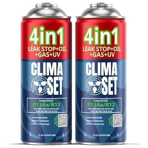 CLIMASET - 2 X 4 En 1 Recharge de Gaz pour Climatisation R134a, Huile, Produit Anti-Fuites Avec Colorant UV - Kit de Recharge de Gaz pour Climatisation et de Détection de Fuites