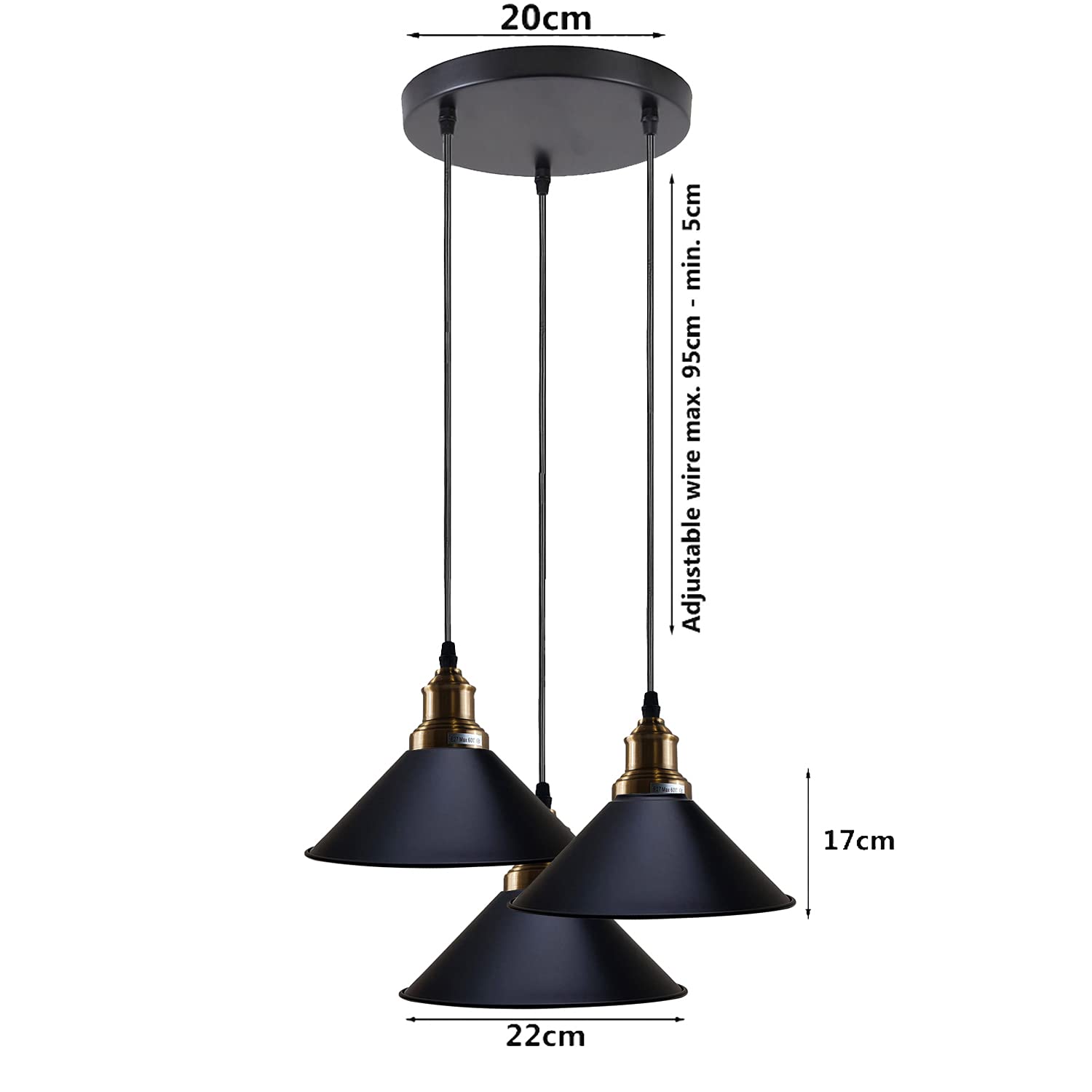 Nowoczesna lampa wisząca LEDSone z 3 światłami, czarna, z 22cm stożkowym kloszem, 95cm regulowana wysokość, podstawa E27, żyrandol sufitowy do kuchni, jadalni, sypialni, restauracji