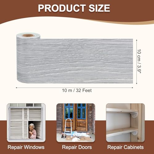Image of MECCANIXITY Wood Grain Repair Tape, 4 Inch x 33 Feet Self Adhesive Wood Grain Tape Multi-Purpose Wallpaper Border Trim for Furniture Floors Windows Doors Tables Home, Gray
