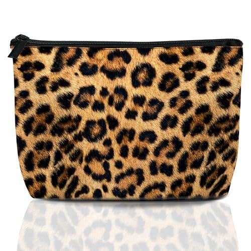 Makeup Bag Brown Leopard Print Cosmetic Bags for Women Mini Portable Animal Prints Travel Toiletry Bag Organizer Make up Brushes Aesthetic Accessories Waterproof Storage Bags