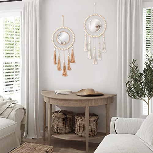 Dremisland Wall Mirror 2 Set Hanging Wall Mirror With Wood Beads Fringe Handmade Round Sunburst Decoration Boho Antique Mirror For Entryway Bedroom Living Room Nursery,Beautiful Gift Ideas #TOP5