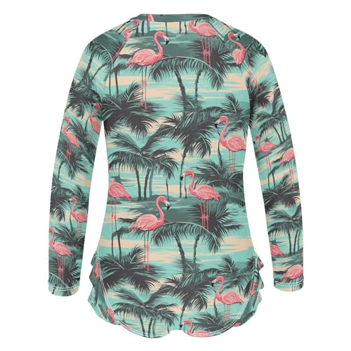 Pink Flamingos Tropical Palm Trees Girls Long Sleeve Swimsuit Rashguard Swimwear One Piece Bathing Suit 212175952
