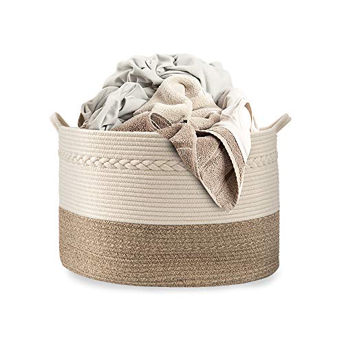 Cesta Extra Grande Juguete para bebé, Suave Tela Plegable Cestas de Lavandería Con Asas, Cesta de Cuerda De Algodón Ideal para Colada,Baño, Tejido Cuerda Algodón - Cesta Decorativa 55x35cm,Amarillo