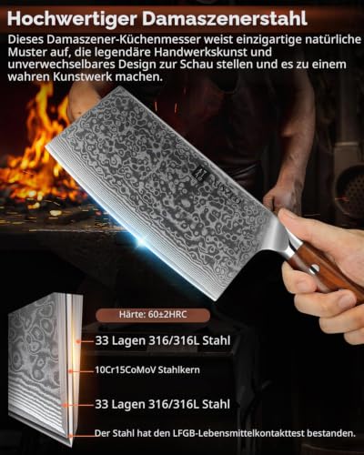 Foto von XINZUO Hackmesser Damaststahl 18cm Chinesisches Kochmesser, Hochwertige Profi Hackbeil Scharfe Klinge Küchenmesser, Geschenk box, mit Rosewood Griff - Yu Serie