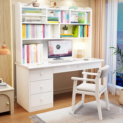 Genérico Escritorio de Madera Maciza con estantes de Almacenamiento, Escritorio de computadora, Mesa de Oficina con 4 cajones de Almacenamiento, Mesa de Estudio Moderna, estación de Trabajo de comput