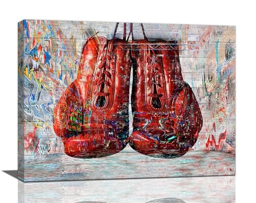 Quorin Banksy Graffiti Boxing Wall Art Red Boxing Gloves Pictures Gym Sport Wall Decor Canvas Print Painting Artwork for Gym Living Room Bedroom 12'x16'
