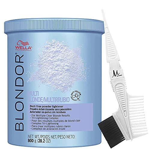 WeIIa Blondor Lightening Powder Multi Blonde Dust-free 800 grams for Multiple Clear Blonde Results, Tri-Lightening Complex and M Hair Designs Tint Brush/Comb White (Bundle - 2 items)