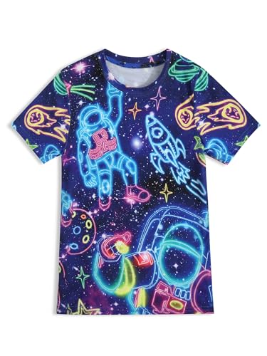 TongKiKi Boys Girls T-Shirts 3D Graphic Shirts Kids Neon Novelty Youth Short Sleeve Glow Tees,AstroFlux,9-11Y