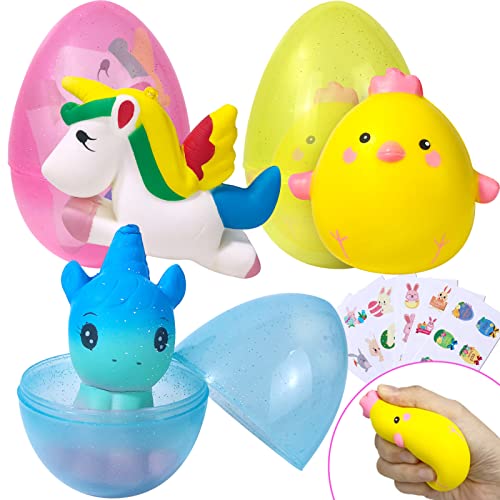 Jumbo Chick Unicorn Squishy Toys Easter Eggs Basket Stuffers for Girls Boys Kids - Kawaii Slow Rising Scented Stress Relief Easter Decorations Surprise Pre Filled Egg Pack of 3