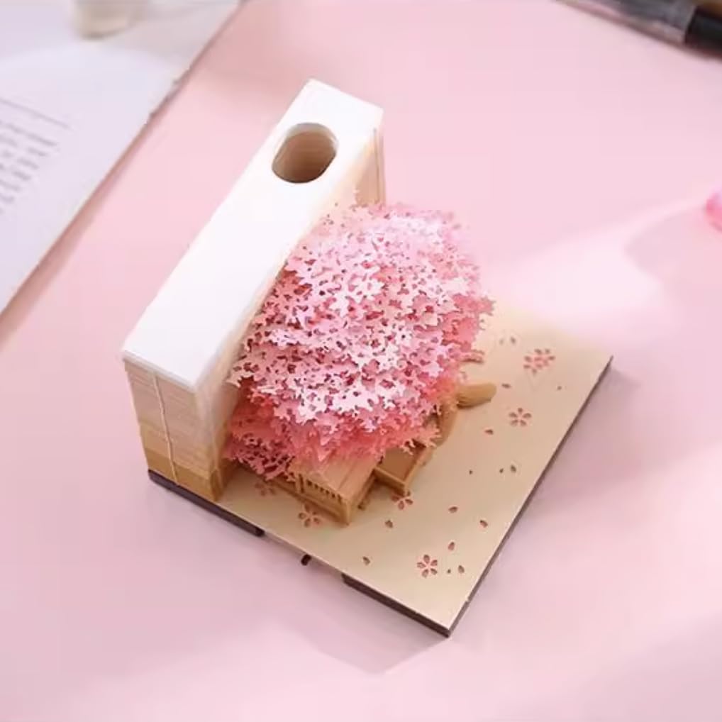 3D Notizblock, nicht verklebt, 3D Baumhaus (Rosa) Papierkunst mit Anzeigebox glasklar, 9 x 9 x 6 cm, 260 Blätter, Tischdeco