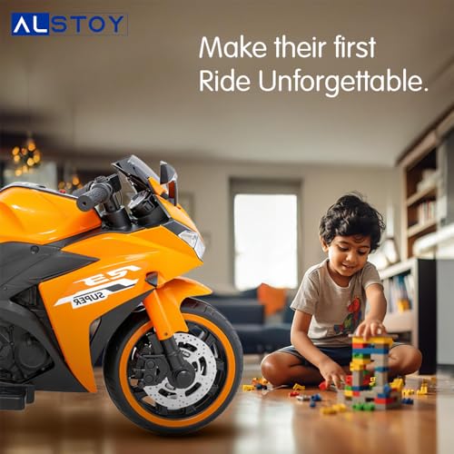 Image of Alstoy Ninja Ride-On Bike for Kids | 12V Rechargeable Battery Electric Toy Bike | Bluetooth Music | 35kg Capacity | Ages 3-8 Boys & Girls | BIS /ISI Approved | 6-Month Warranty | Large | Orange