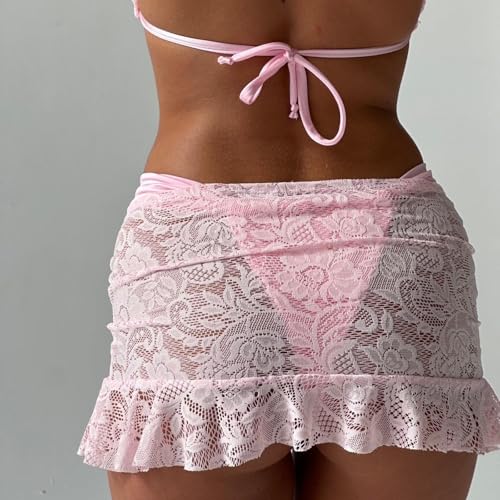 Women's Lace Mini Skirts Casual Low Waist Solid Color See Through Ruffle Skirts Bikini Coverup Skirts3
