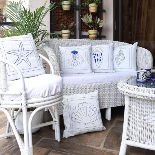 Image of Coastal Calm White Cushion Cover Set of 5 | Decorative Square Throw Pillow Covers for Sofa Couch Bed Living Room Bedroom | Hidden Zipper Closure | 16 x 16 Inch