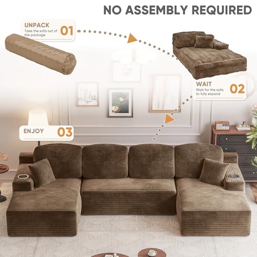 Image of Homall 142 inch Boneless Couch, Modular Sectional Sofa, No Assembly Required, Memory Foam Filling, Corduroy U-Shaped Sofa, Movable Multi-Person Couch for Living Room (Brown)