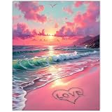 Gemozaic Beach Paint by Numbers Kit for Adults, Valentine Adults' Paint by Number Kits, Sunset Landscape Numbers Painting with Love Heart Shape for Gift, Home Wall Decor, 16 x 20 in