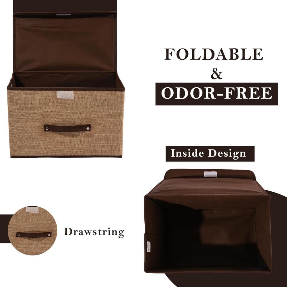 M Teaser Set of 1 Non Woven Foldable Space Saver Storage Box Wardrobe Closet Organizer Stackable Basket/Bins with Lid & Handle for Clothes, Toys, Books (Beige & Brown)