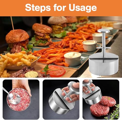 Image of Premium 304 Stainless Steel Burger Press | 12cm Adjustable Hamburger Patty Maker & Aloo Tikki Mould | Spring-Loaded Non-Stick Meat & Veg Cutlet Shaper for Home Kitchen & BBQ